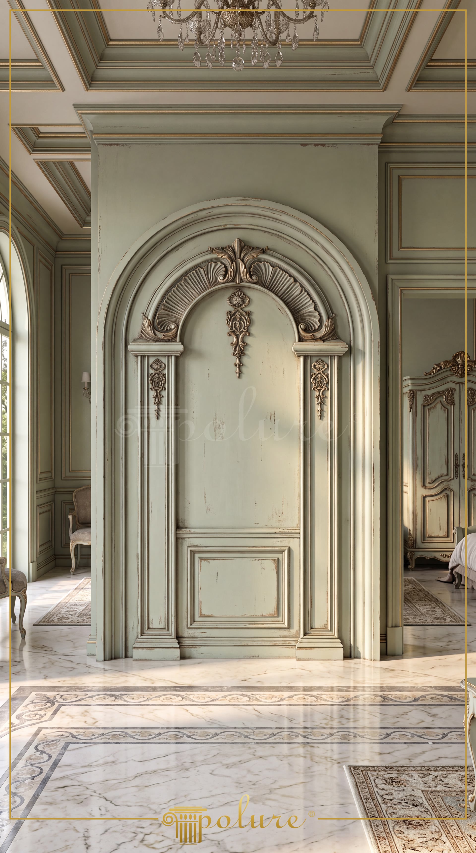 Ancadrament arcuit din poliuretan cu profil P14D30D160VI și ornamente aurite pe perete verde patina
