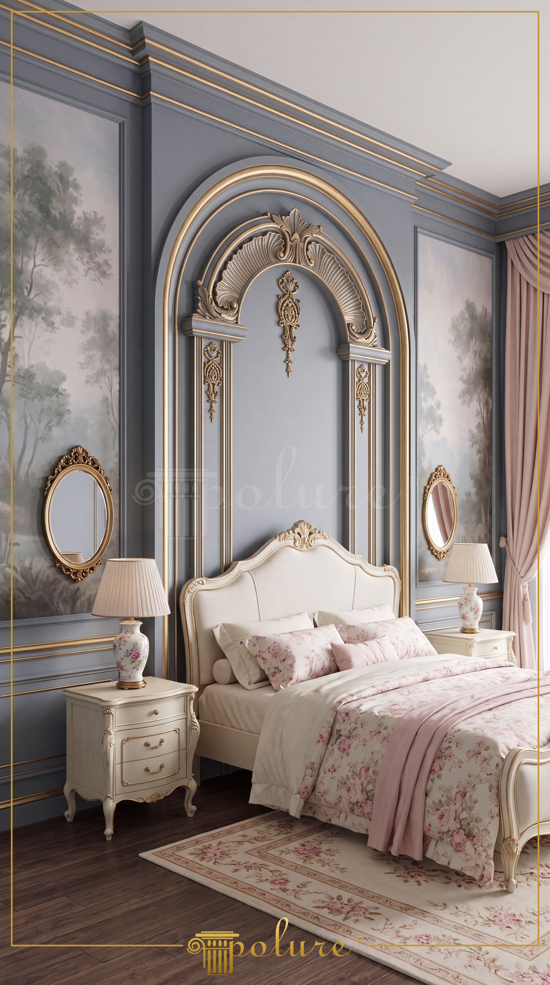 Decor clasic de dormitor cu arcadă din poliuretan, ancadramente elegante și ornamente aurite pe perete gri.