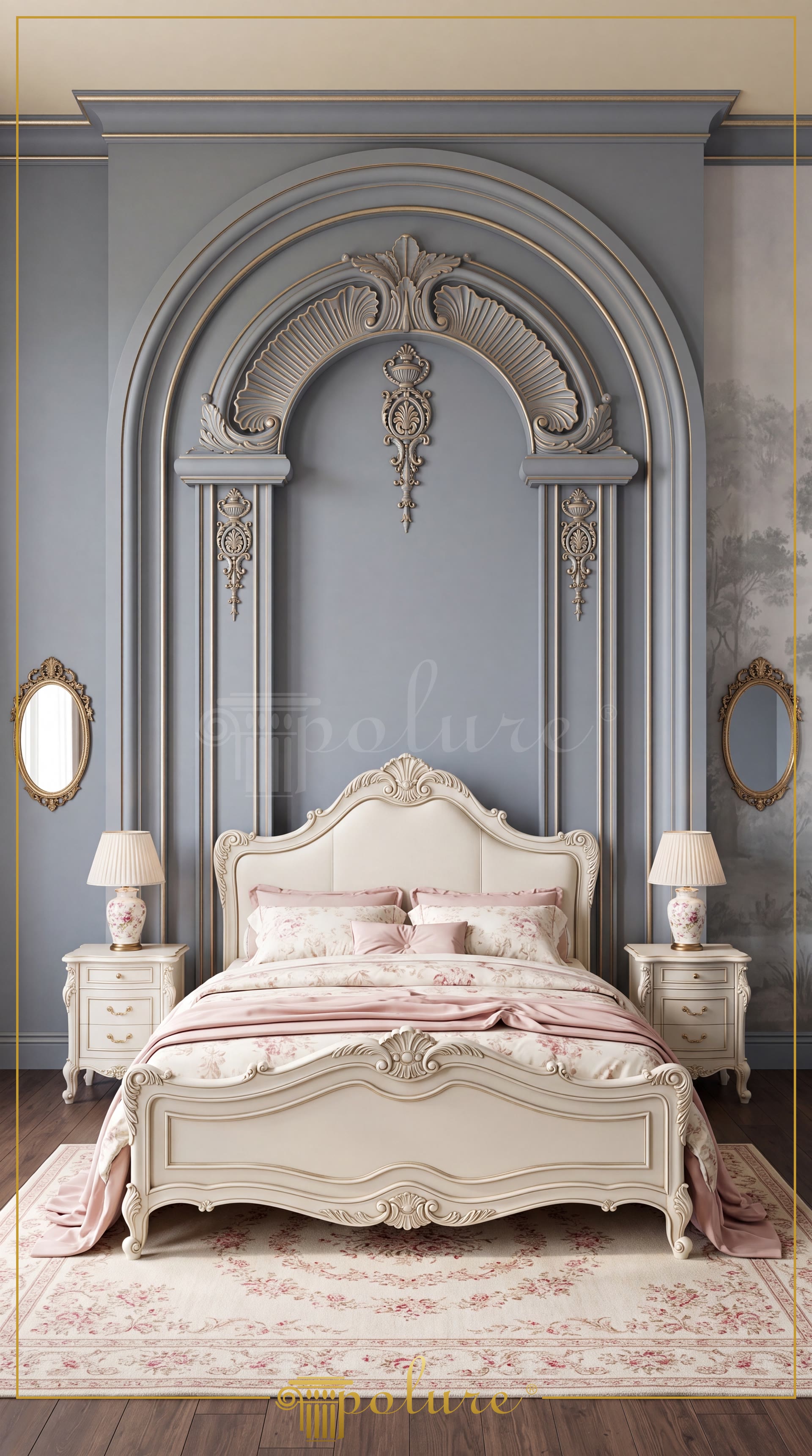 Dormitor clasic decorat cu arcadă din poliuretan, ancadramente crem, ornamente murale și pat tapițat elegant.