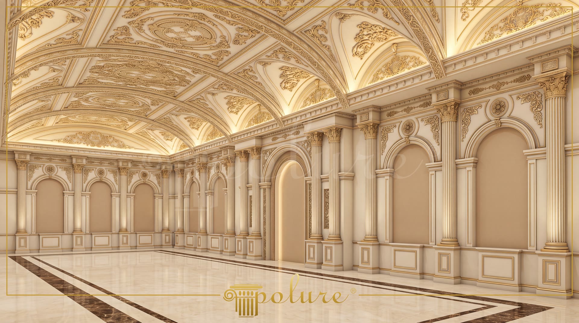 Decor interior clasic din poliuretan cu arcuri decorative, coloane și tavan boltit în salon de nuntă