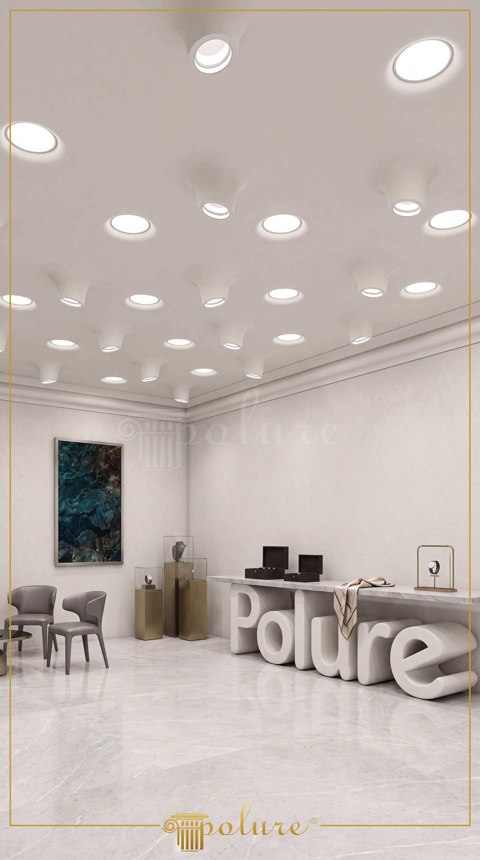 Plafon modern cu nicse decorative din poliuretan P81376 si PA501 pentru spoturi incastrate intr-un showroom de lux.