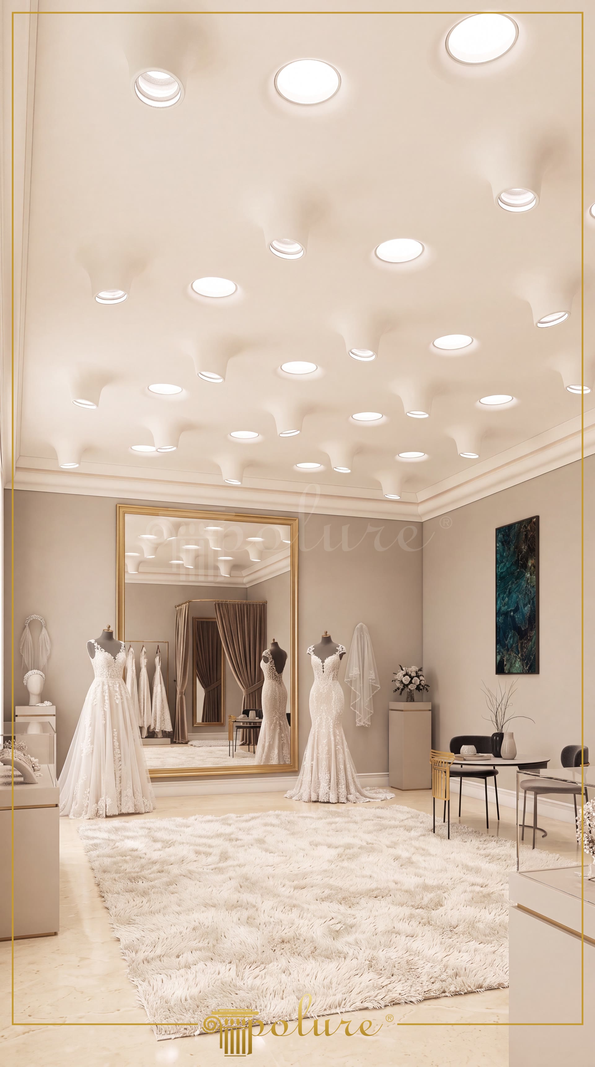 Tavan sculptat modern cu corpuri din poliuretan incastrate PA501 și PA502 pentru iluminat ambiental în showroom