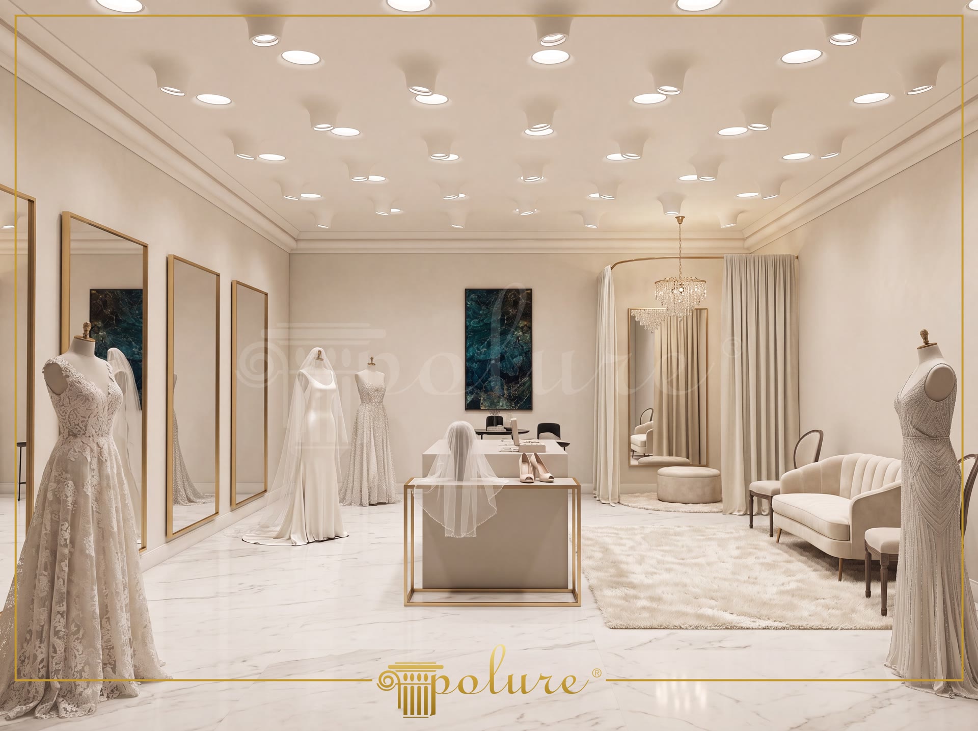 Tavan modern cu profile din poliuretan P81376 și spoturi încastrate PA501 într-un showroom elegant
