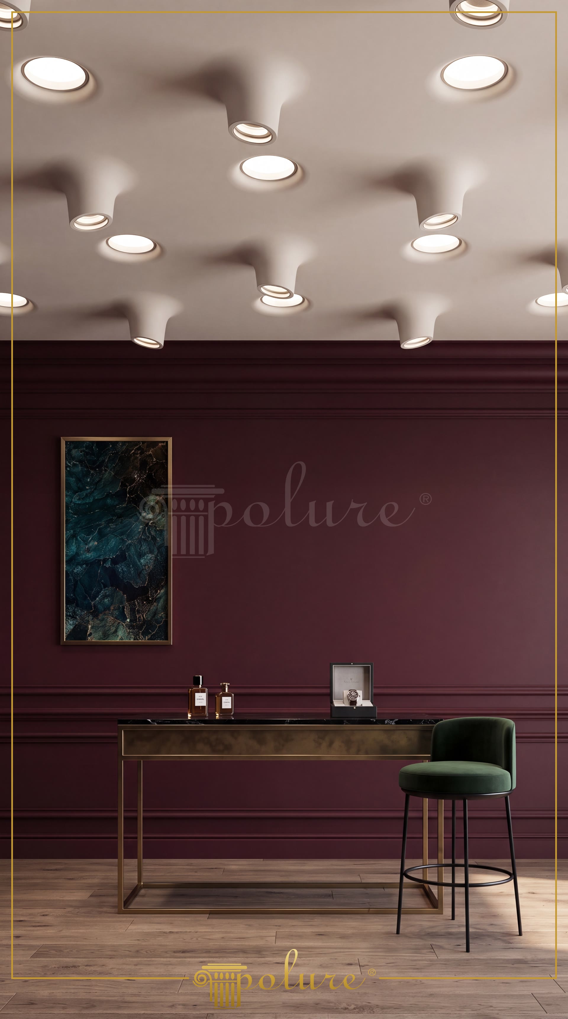 Tavan modern cu scafe din poliuretan pentru spoturi încastrate și perete bordou cu profile decorative.