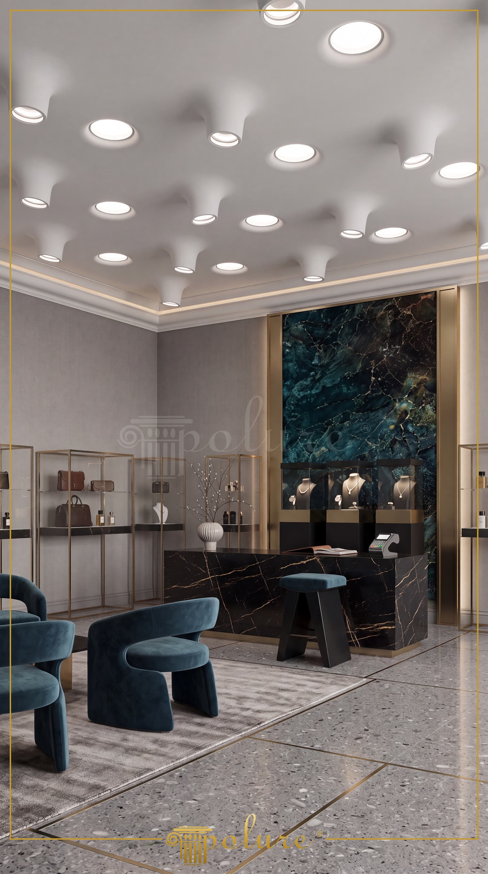 Tavan modern cu profile din poliuretan P81376, PA501 și PA502 cu spoturi și iluminat scafă în magazin de lux.