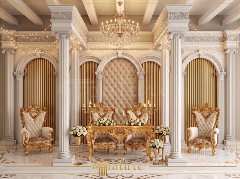 Decor clasic de scenă cu coloane albe din poliuretan, arcuri decorative și panouri aurii în sală de evenimente.