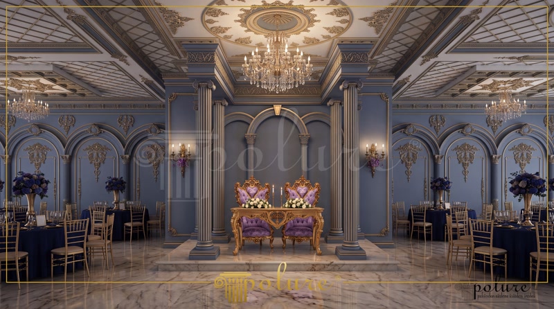 Amenajare clasică de sală cu coloane din poliuretan, arcuri decorative și ornamente aurite pe fundal albastru.