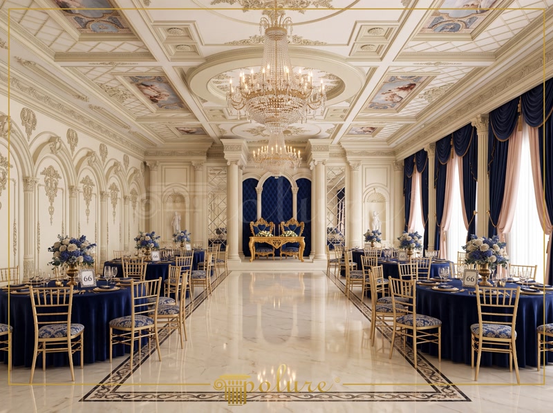 Interior clasic de sală de evenimente decorat cu coloane albe din poliuretan, arcade și tavane casetate pictate.
