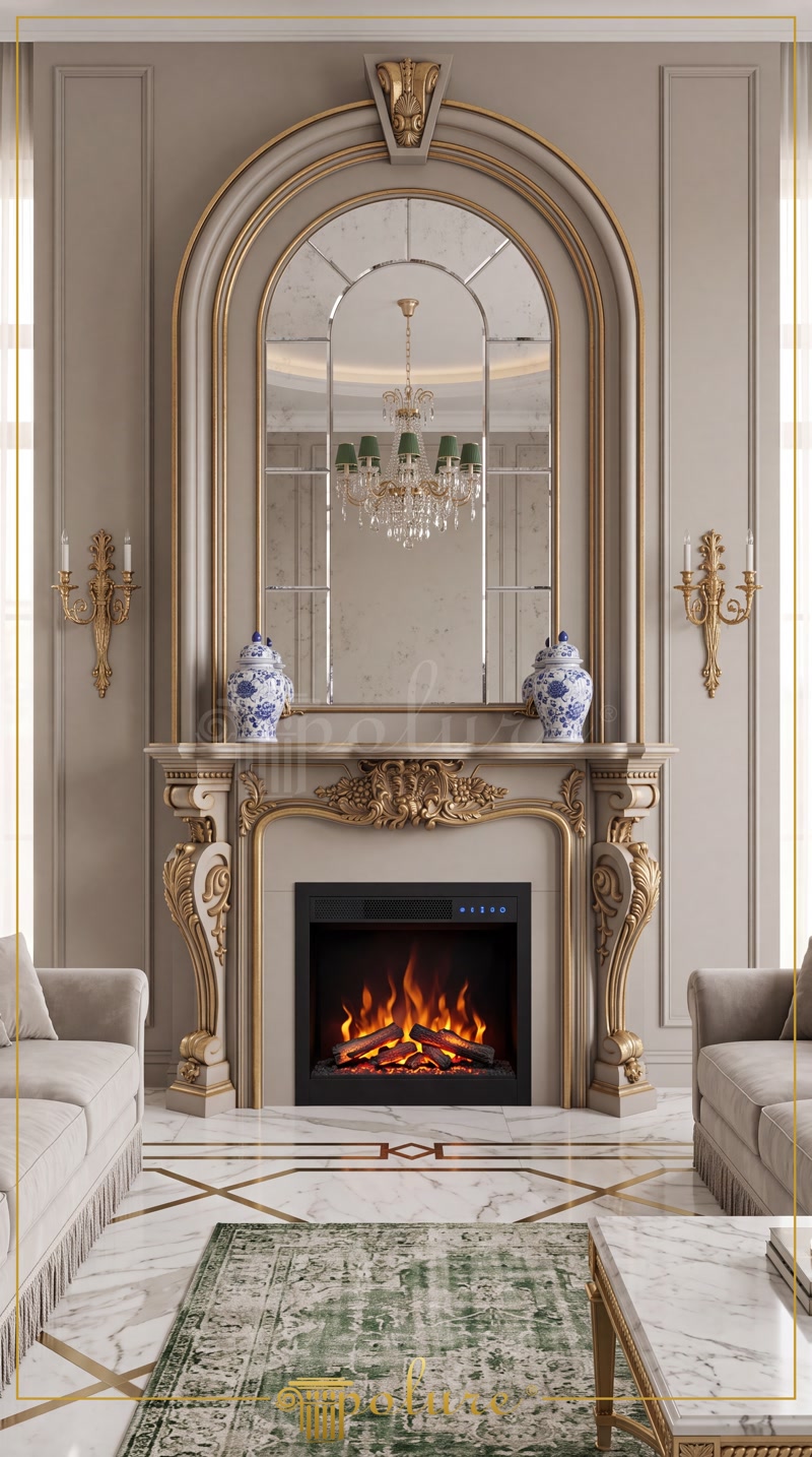 Decor interior cu șemineu decorativ din poliuretan P8403, oglindă boltită P1470D101VIC și profile ornamentale aurii.