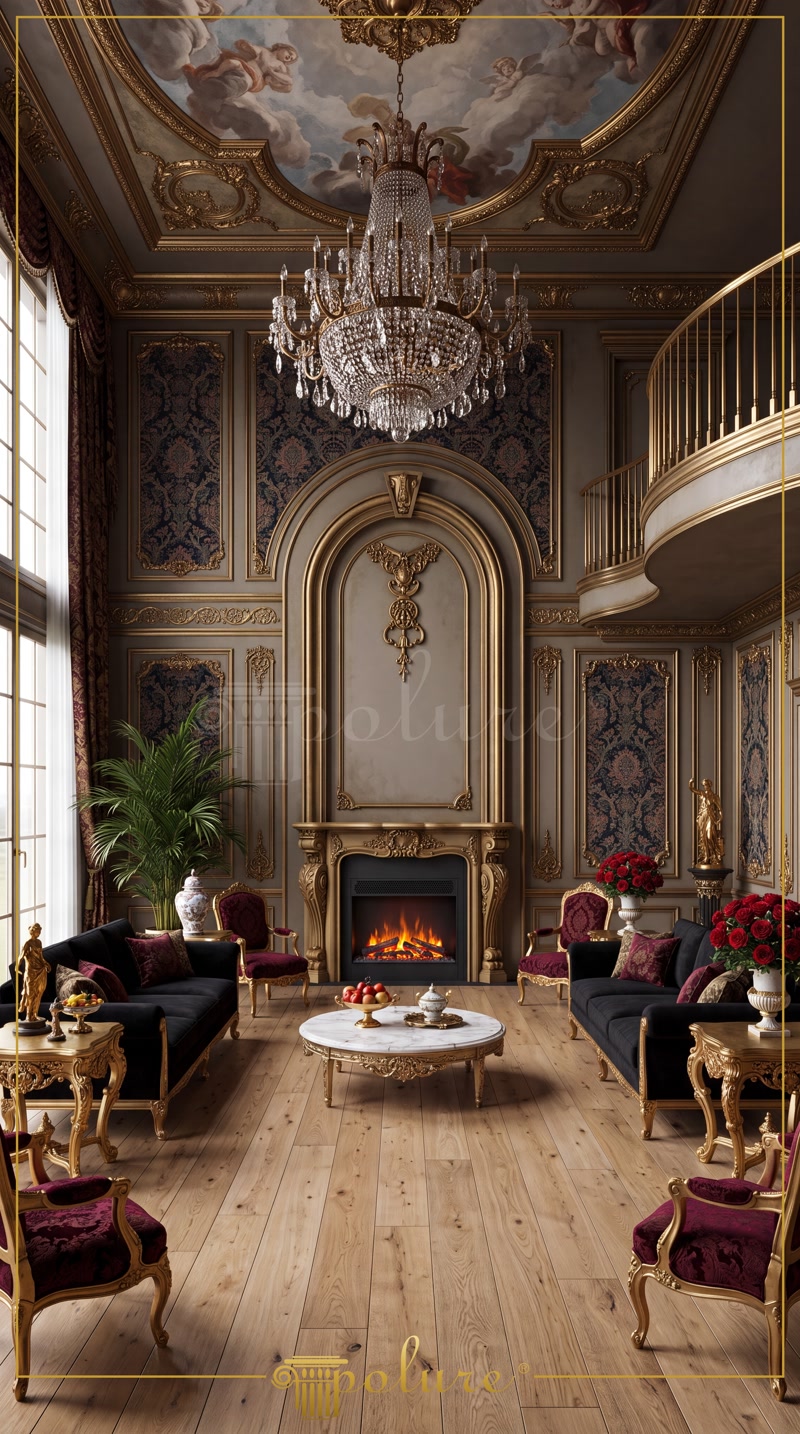Salon clasic de lux cu șemineu decorativ din poliuretan P8403, arcadă P1470D101VIC și panouri perete cu baghete.