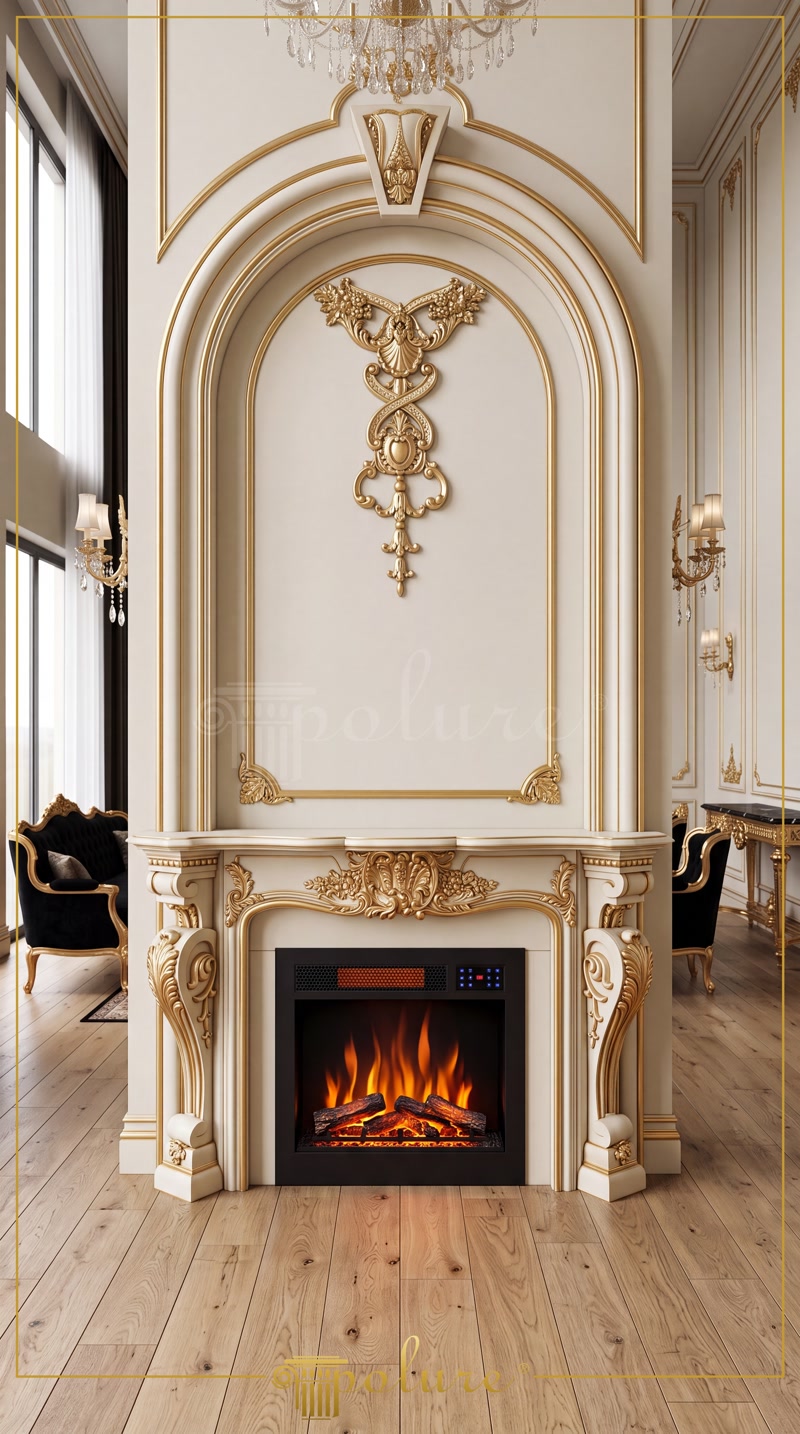 Șemineu decorativ din poliuretan cu detaliu de arcadă, ornamente aurite P8088 și profile verticale pe perete crem.