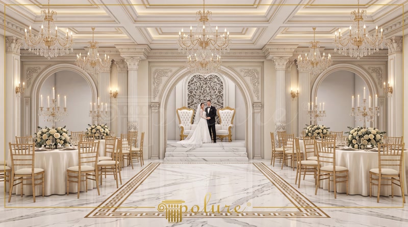Sala de evenimente clasica decorata cu pilastri din poliuretan, arcade si coloane decorative albe cu detalii aurii