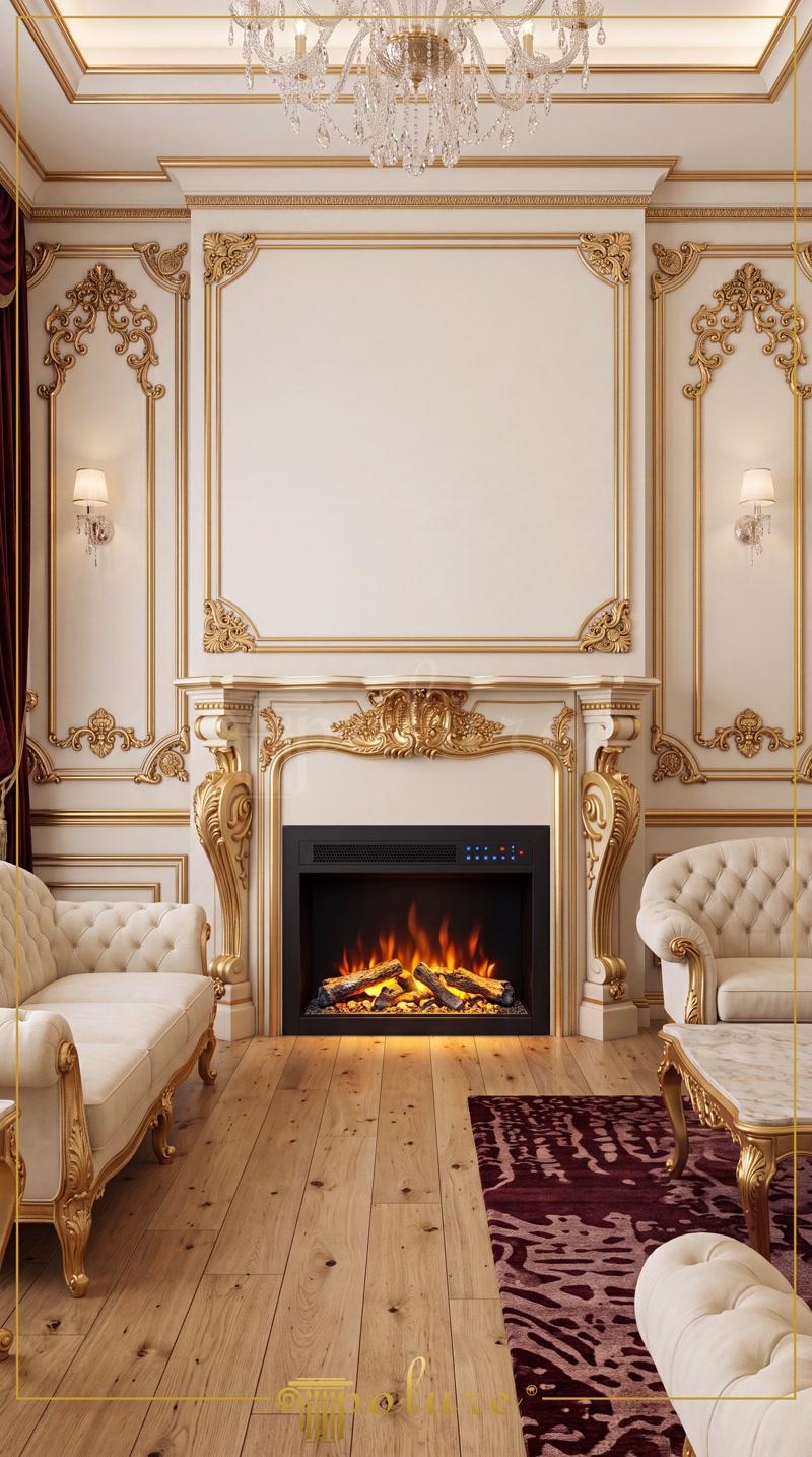 Ancadrament clasic de perete și rama de șemineu P8403 din poliuretan decorativ cu finisaj auriu într-un living elegant.