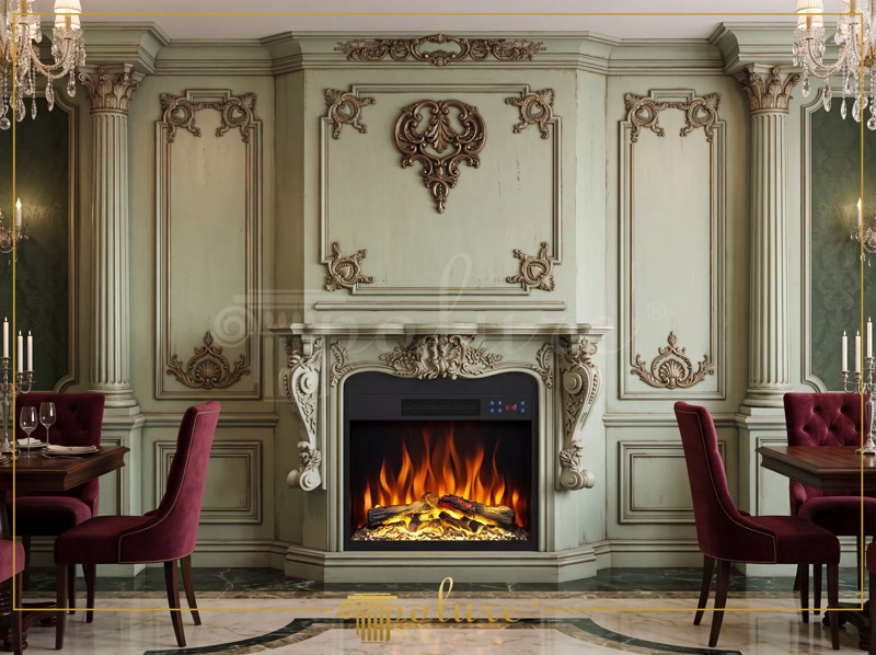 Amenajare neoclasică cu șemineu decorativ din poliuretan, coloane P5520 și panouri decorative perete pastel