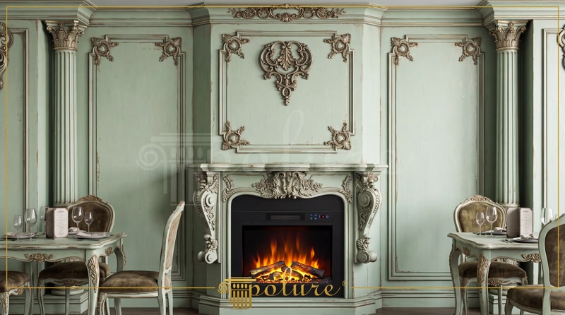 Șemineu din poliuretan încadrat de coloane canelate și panouri decorative de perete în stil neoclasic verde pastel.