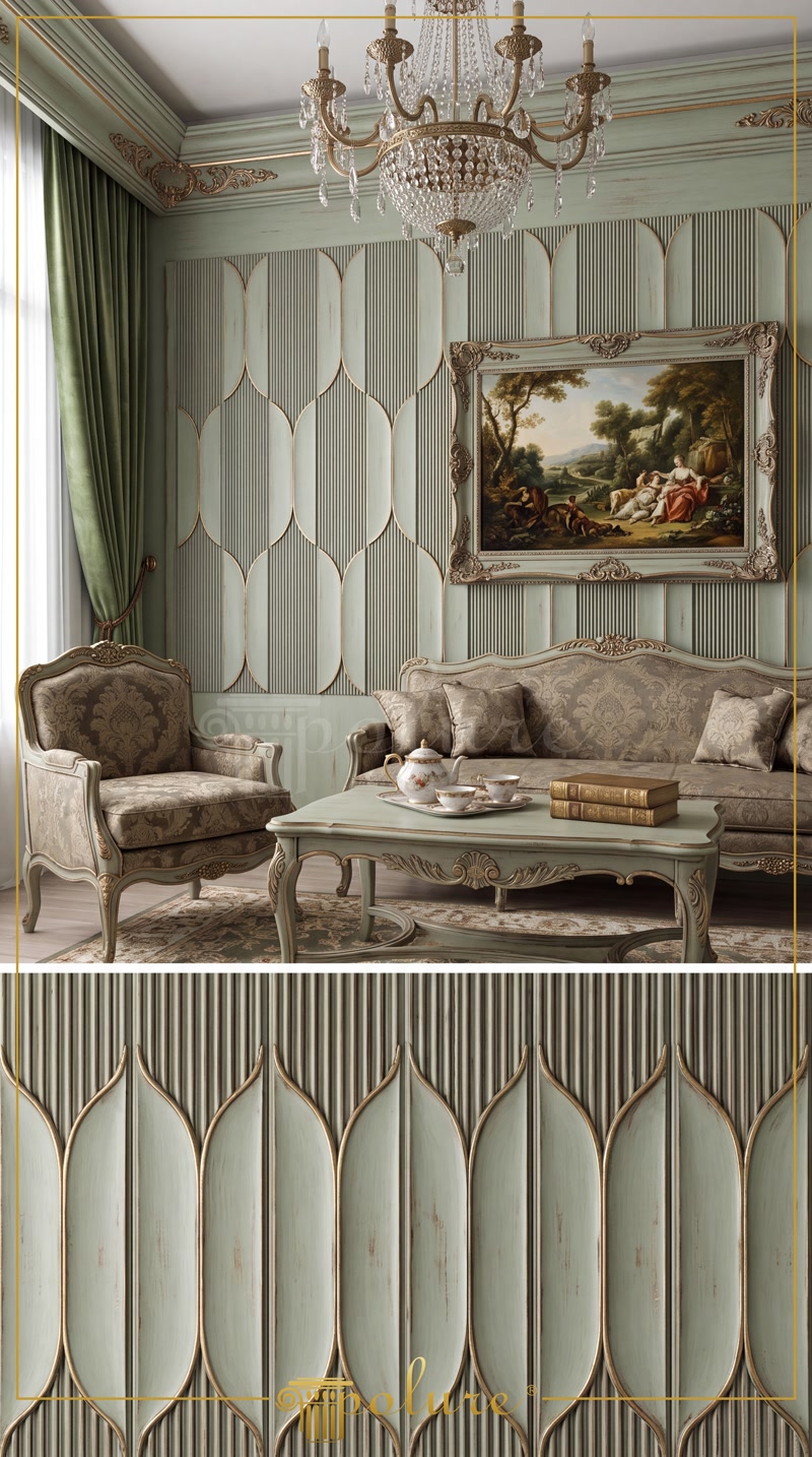 Panouri decorative din poliuretan P312020 pe perete verde mentă cu detalii aurii într-un living clasic.