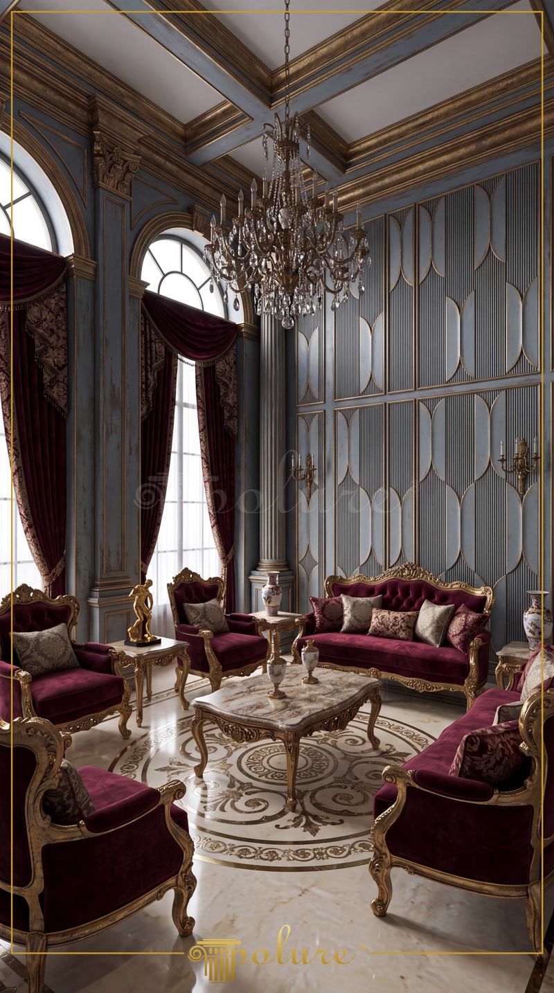 Interior de salon clasic cu panouri decorative din poliuretan P312020, ancadramente aurii și mobilier vișiniu