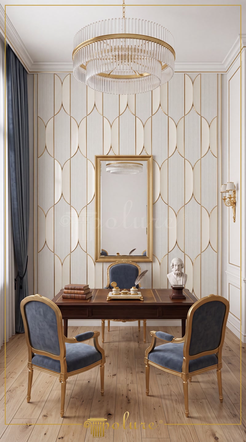 Perete decorat cu panouri din poliuretan P312020 canelate și accente aurii într-un birou clasic elegant