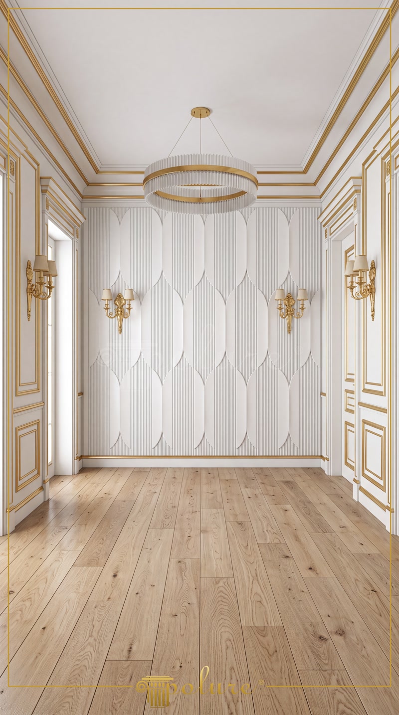 Hol elegant cu perete accent decorat cu panouri 3D din poliuretan P312020, ancadramente aurii și parchet din lemn.
