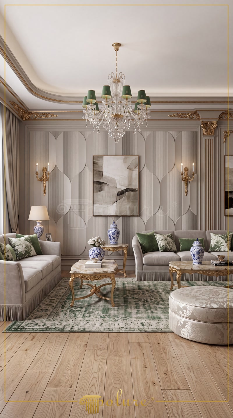 Panouri decorative din poliuretan P312020 pe peretele unui living clasic cu accente aurii și verde smarald.