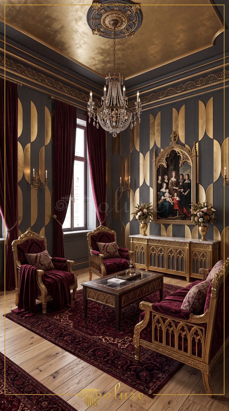 Panouri din poliuretan aurii P312020 aplicate pe perete într-un salon clasic de lux cu piese de mobilier burgund.