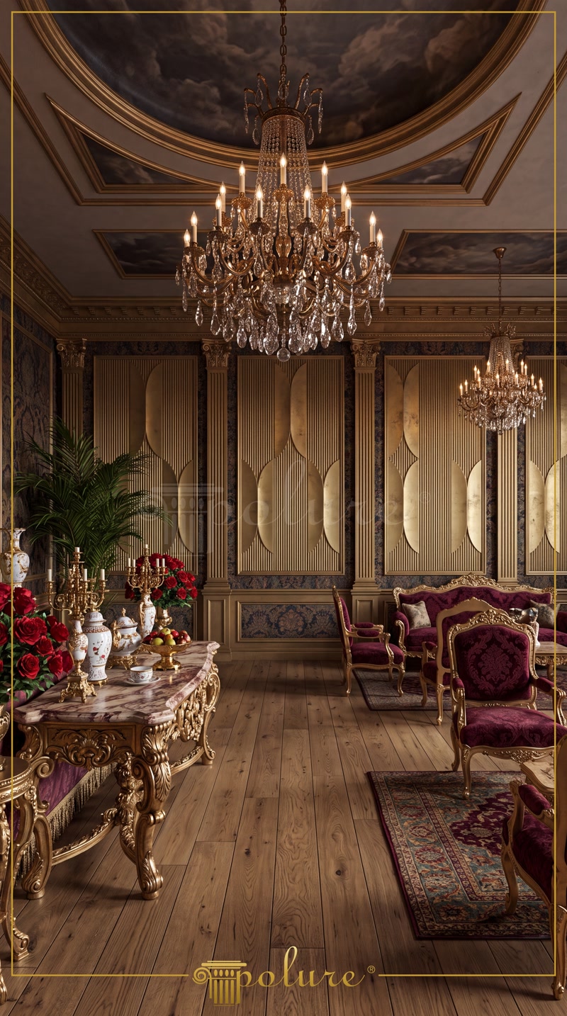 Panouri decorative din poliuretan P312020 cu finisaj auriu metallic montate pe peretele unui salon clasic