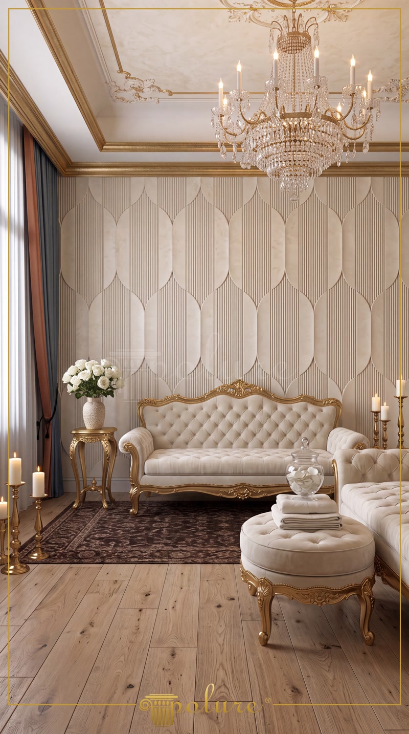Panouri decorative din poliuretan P312020 pe peretele din livingul clasic cu canapea bej și candelabru