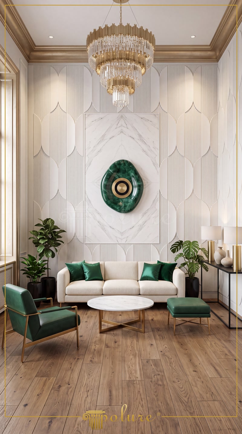 Design interior living clasic cu panouri decorative din poliuretan P312020, panou central din marmura si canapea crem