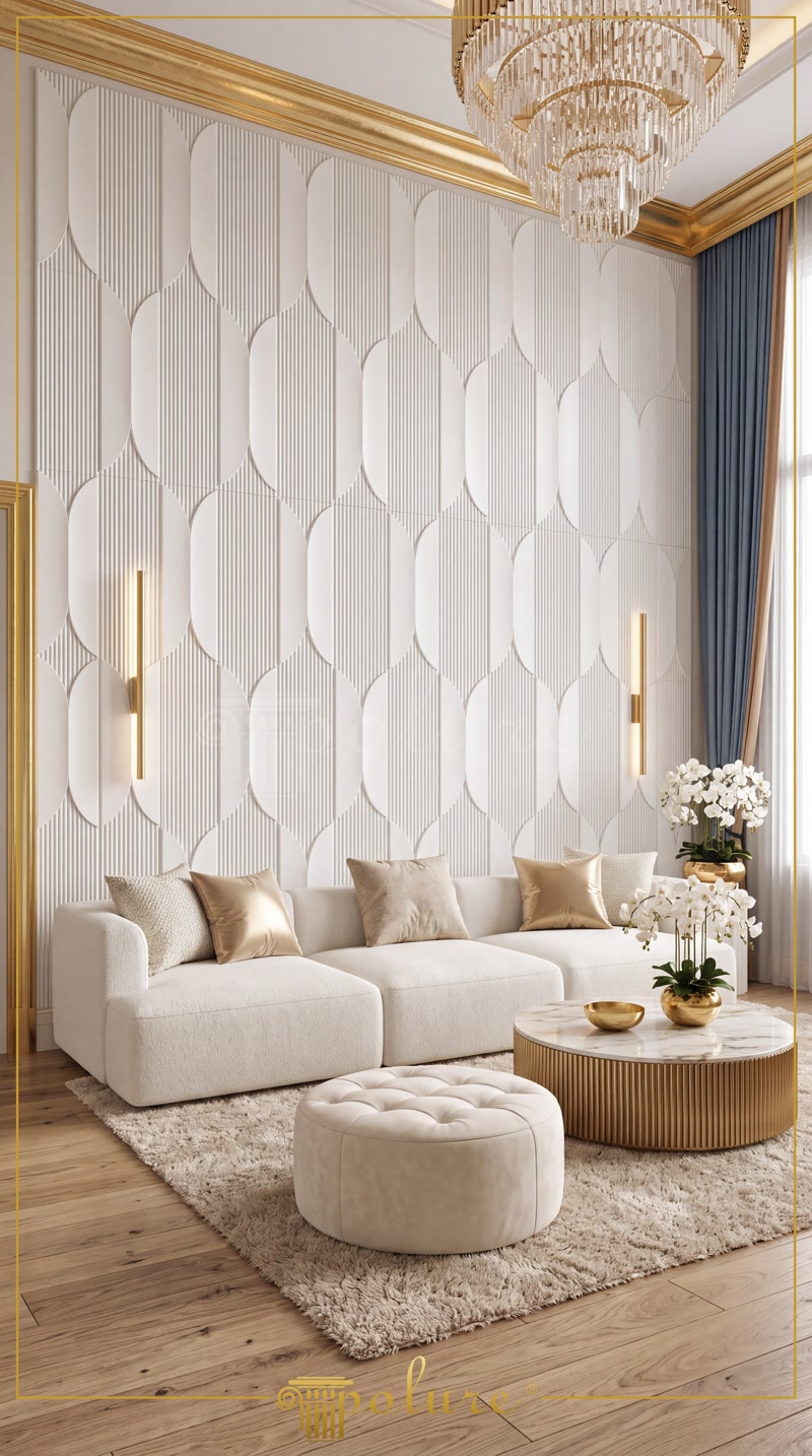 Perete decorat cu panouri din poliuretan cu textură canelată și forme ovale într-un living clasic elegant.