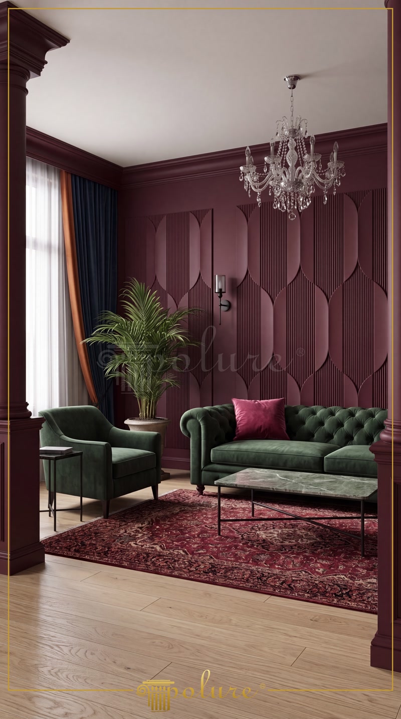 Amenajare living clasic reinterpretat cu panouri decorative din poliuretan P312020 pe perete bordo si canapea verde.
