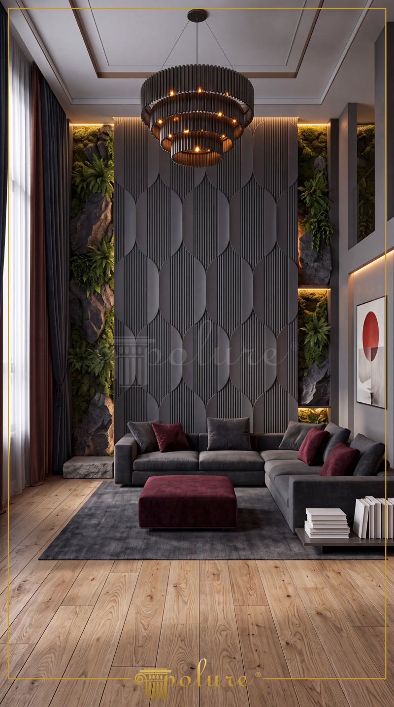 Perete accent din living înalt decorat cu panouri din poliuretan gri antracit model oval striat P312020.