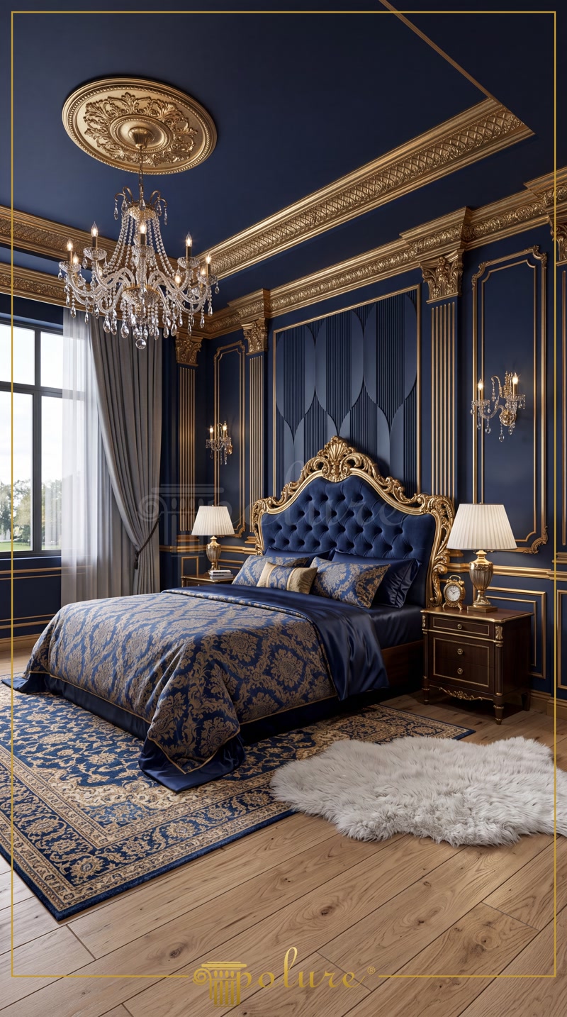 Dormitor clasic elegant cu pereți albastru marin, panouri din poliuretan aurite P312020 și rozetă pe plafon.