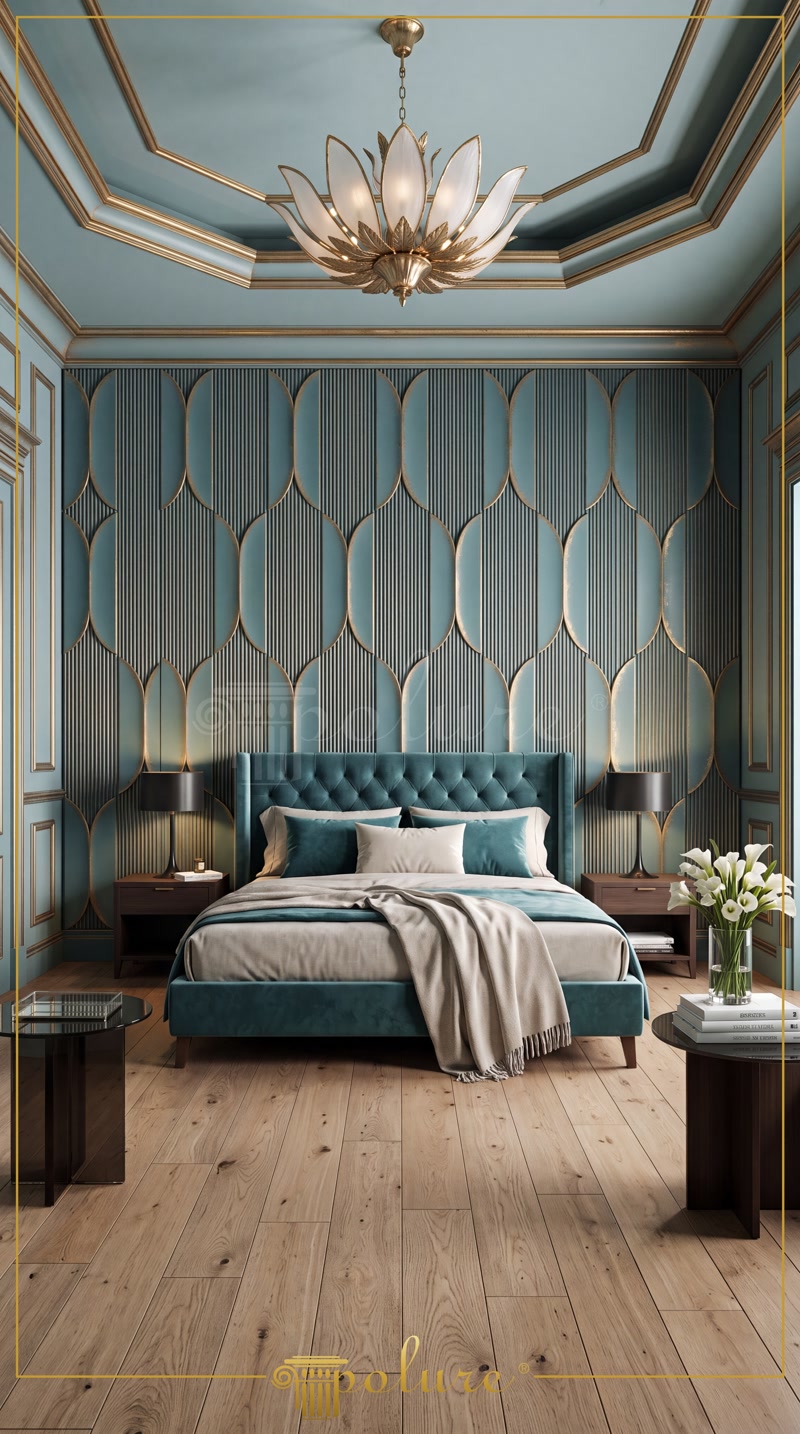 Dormitor clasic cu panouri decorative din poliuretan teal si auriu pe perete si tavan casetat.