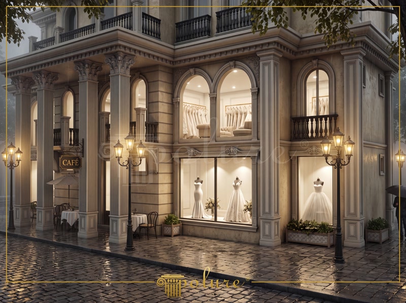 Fațadă comercială clasică decorată cu pilatri din poliuretan P5020, ancadramente de fereastră și arcade decorative.