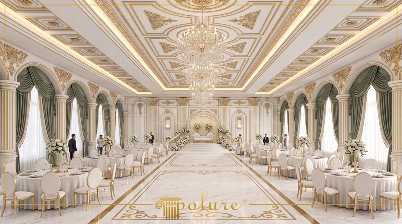Sala de evenimente clasica decorata cu pilatri din poliuretan P5040, tavane casetate P7145L si ancadramente aurite.