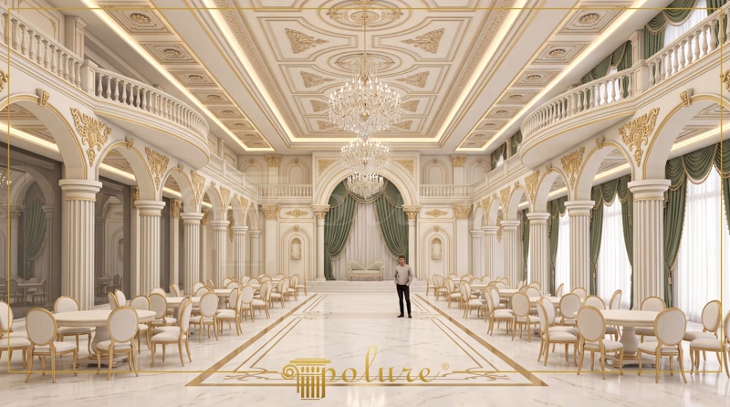 Interior clasic de sală de evenimente amenajat cu coloane, arcade și ornamente din poliuretan pe pereți și tavan.