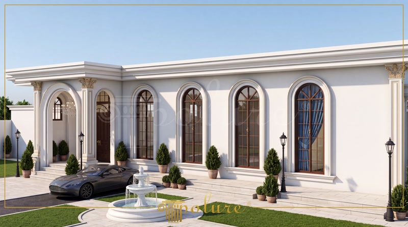 Fațadă albă neoclasică decorată cu ancadramente din poliuretan, pilatri P5020 și arce semicirculare la ferestre.