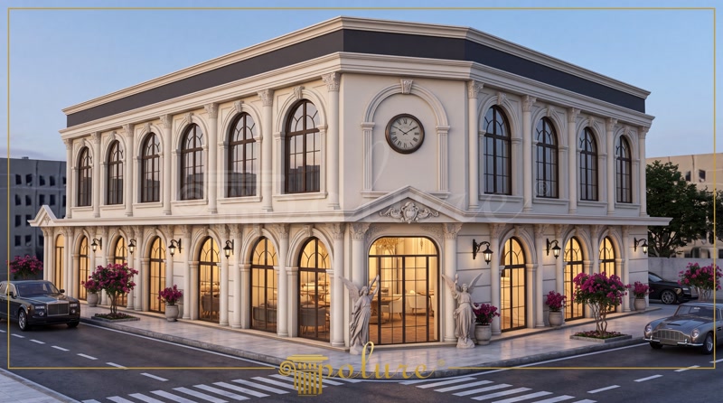 Fațadă exterioară din poliuretan cu arcade, coloane decorative și orologiu central pe o clădire clasică din Tokat.