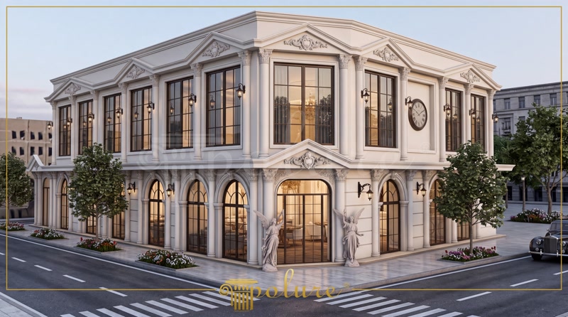 Fațadă neoclasică albă cu ancadramente din poliuretan, coloane decorative, arcade curbate și frontoane simetrice.