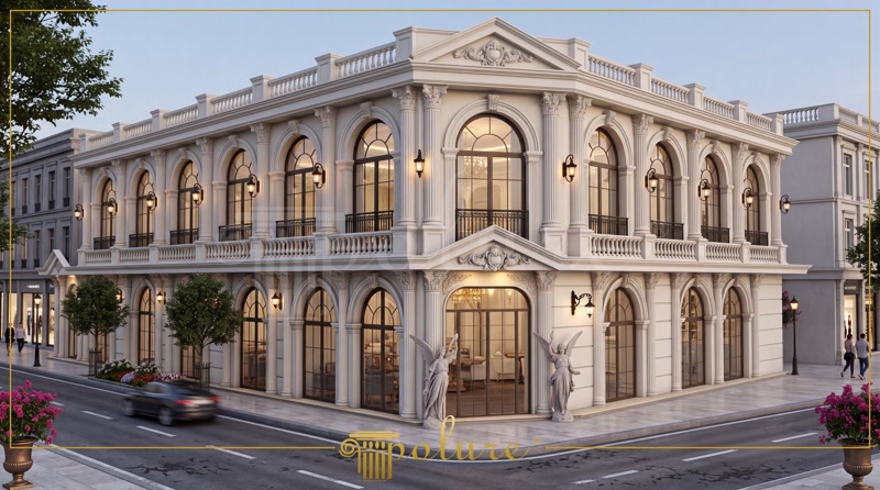 Fațadă de colț pe două niveluri cu coloane din poliuretan, ferestre în arc și ornamente neoclasice decorative.
