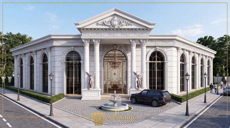 Fațadă clasică de clădire cu coloane din poliuretan, ancadramente de ferestre arcuite și fântână decorativă