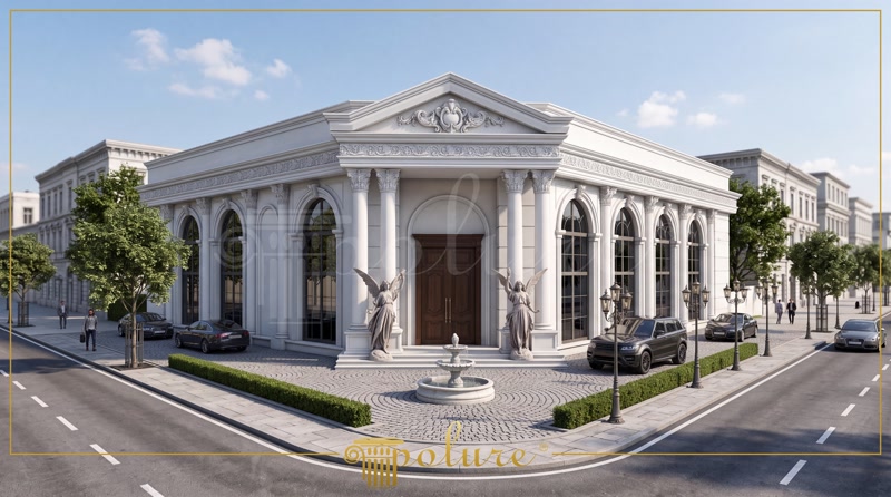 Fațadă monumentală de clădire cu coloane din poliuretan, ancadramente vaulted și fronton clasic decorativ.