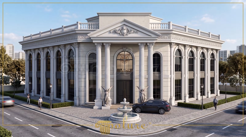 Fațadă clasică de sală de evenimente cu coloane și ancadramente decorative din poliuretan alb.
