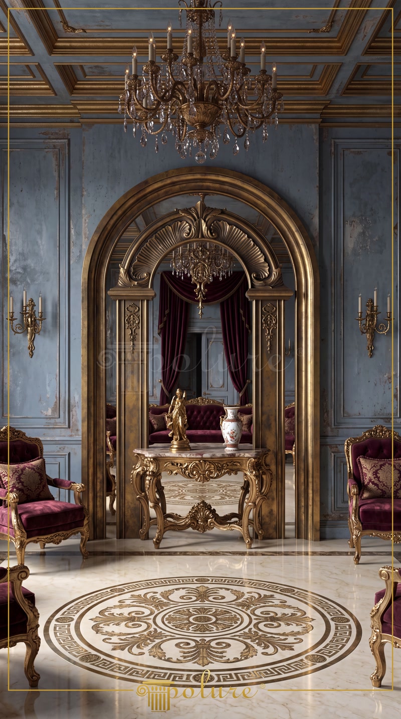 Portal clasic realizat din profile din poliuretan auriu cu arcadă P14D30D160VI și panouri de perete decorative.