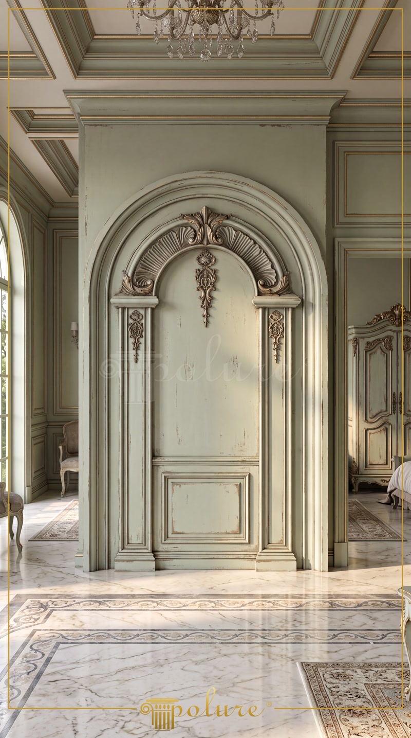 Ancadrament arcuit din poliuretan cu profil P14D30D160VI și ornamente aurite pe perete verde patina