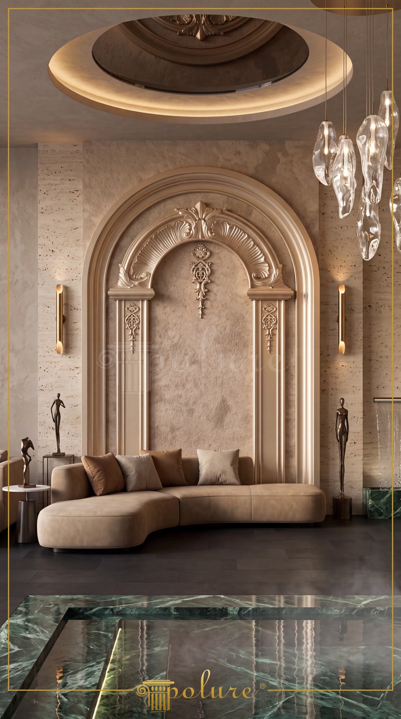 Arcadă decorativă din poliuretan și cupolă de tavan într-un living modern clasic cu iluminat ambiental.