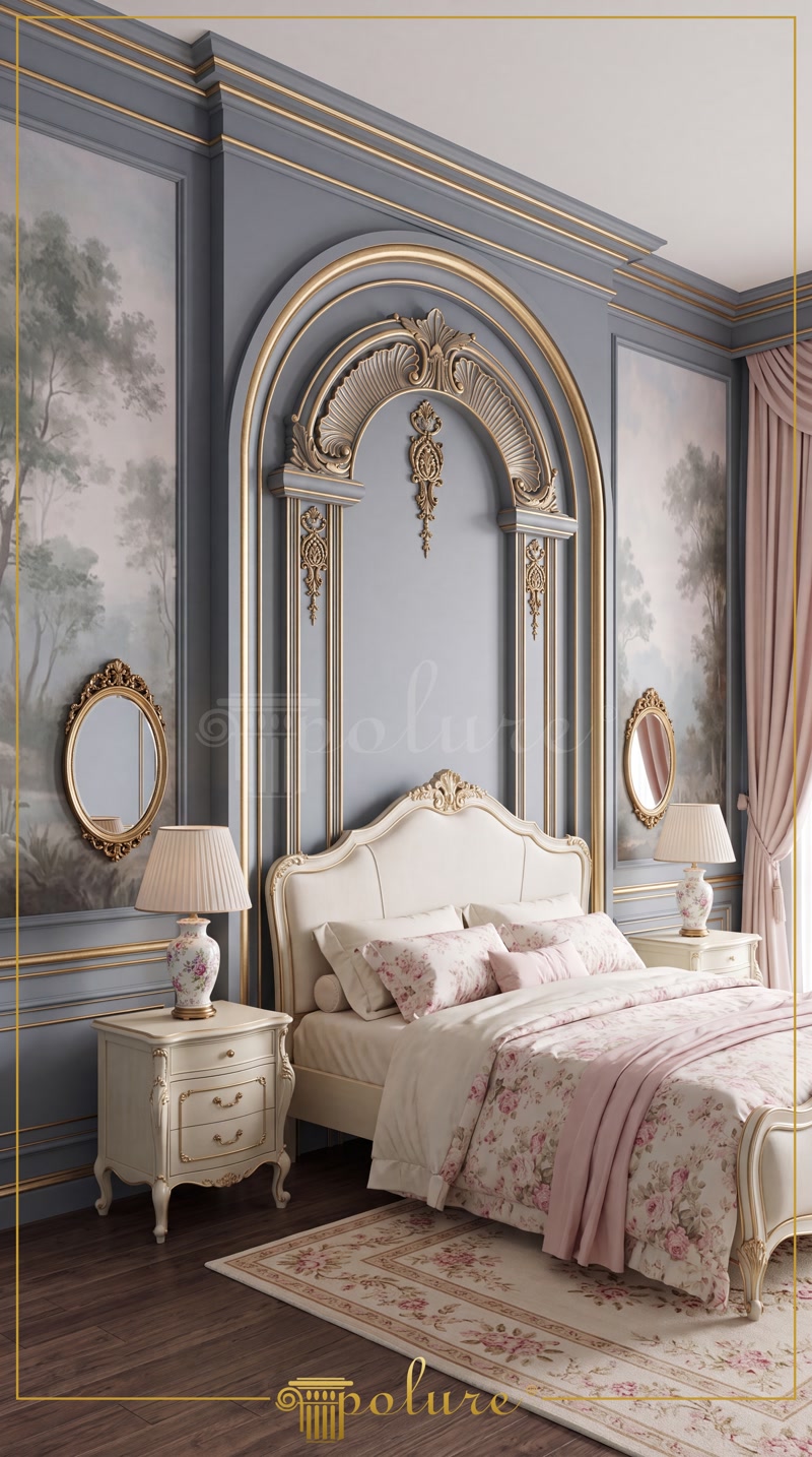 Decor clasic de dormitor cu arcadă din poliuretan, ancadramente elegante și ornamente aurite pe perete gri.