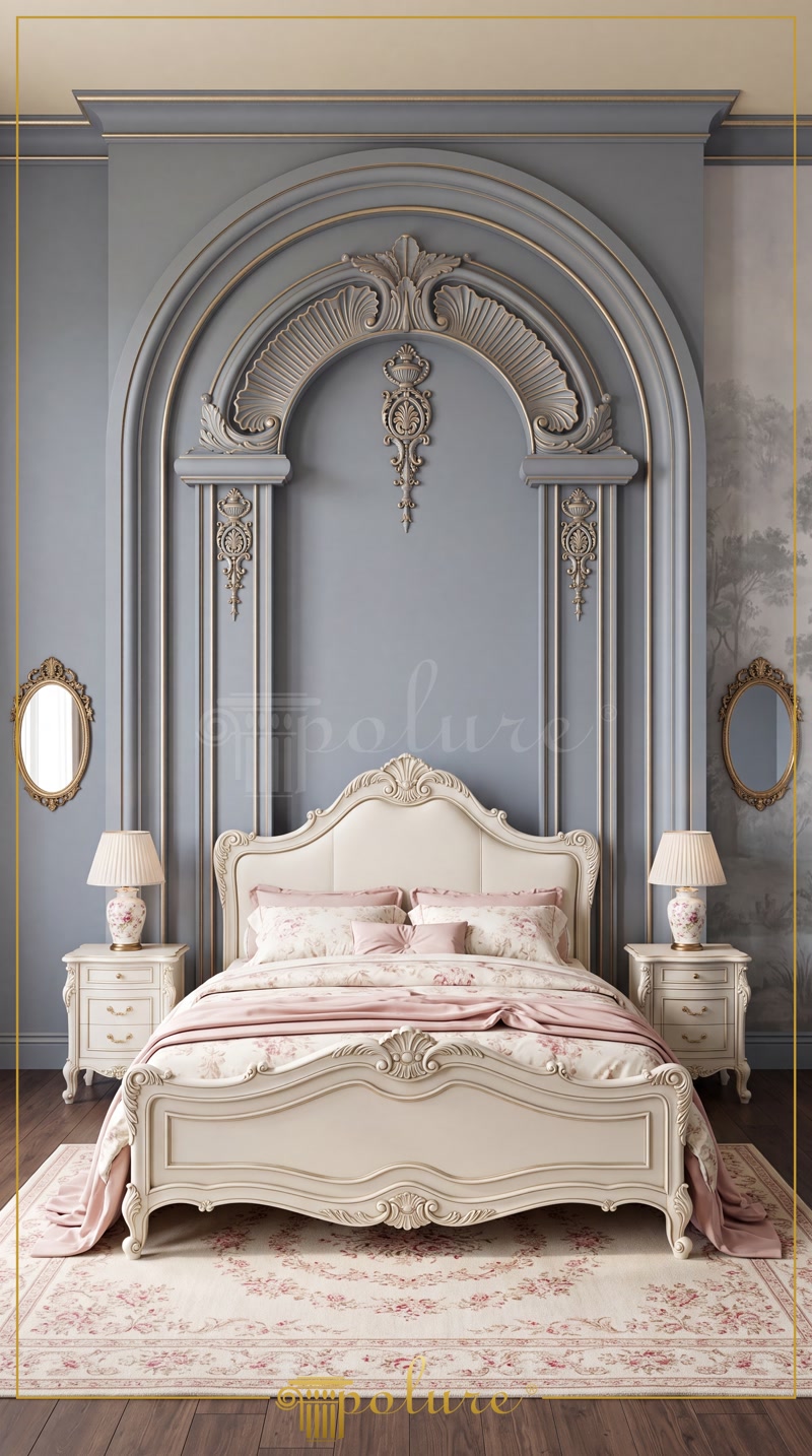 Dormitor clasic decorat cu arcadă din poliuretan, ancadramente crem, ornamente murale și pat tapițat elegant.