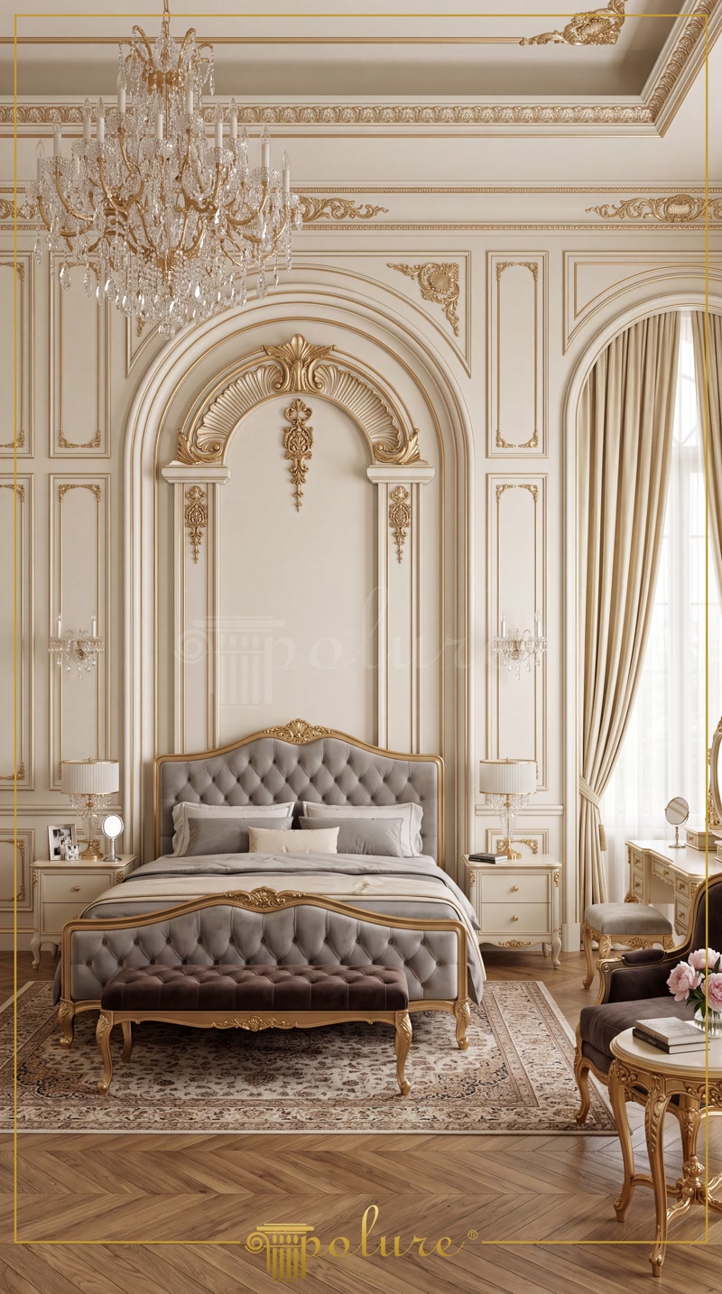 Perete de dormitor decorat cu arcadă din poliuretan, panouri decorative simetrice și detalii aurii elegante.