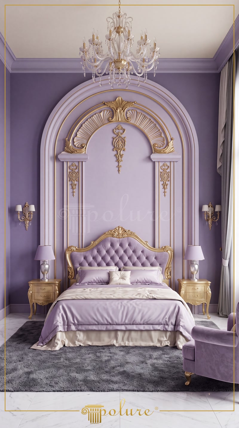 Decor perete dormitor clasic cu arcadă din poliuretan, ornamente aurii și panouri profilate pe fundal violet